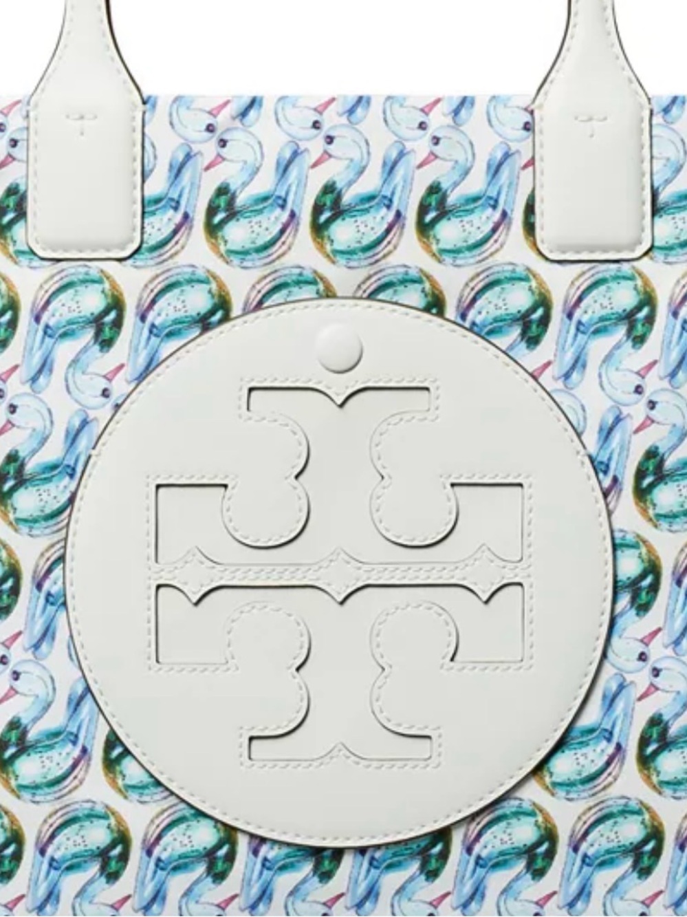 Tory Burch Ella White Leather Tote with Blue-Green Swan Pattern and Earrings NWT - Picture 5 of 14